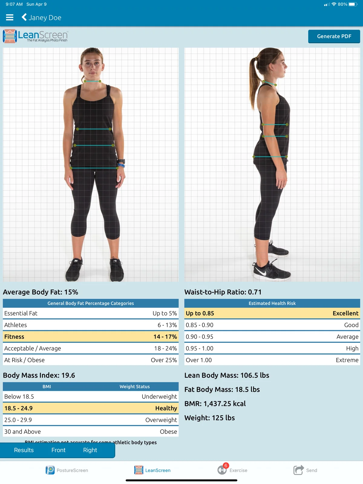 LeanScreen body composition on iPad for the demo client Janey Doe: front and side photos, body fat 15%, waist-to-hip ratio 0.71.