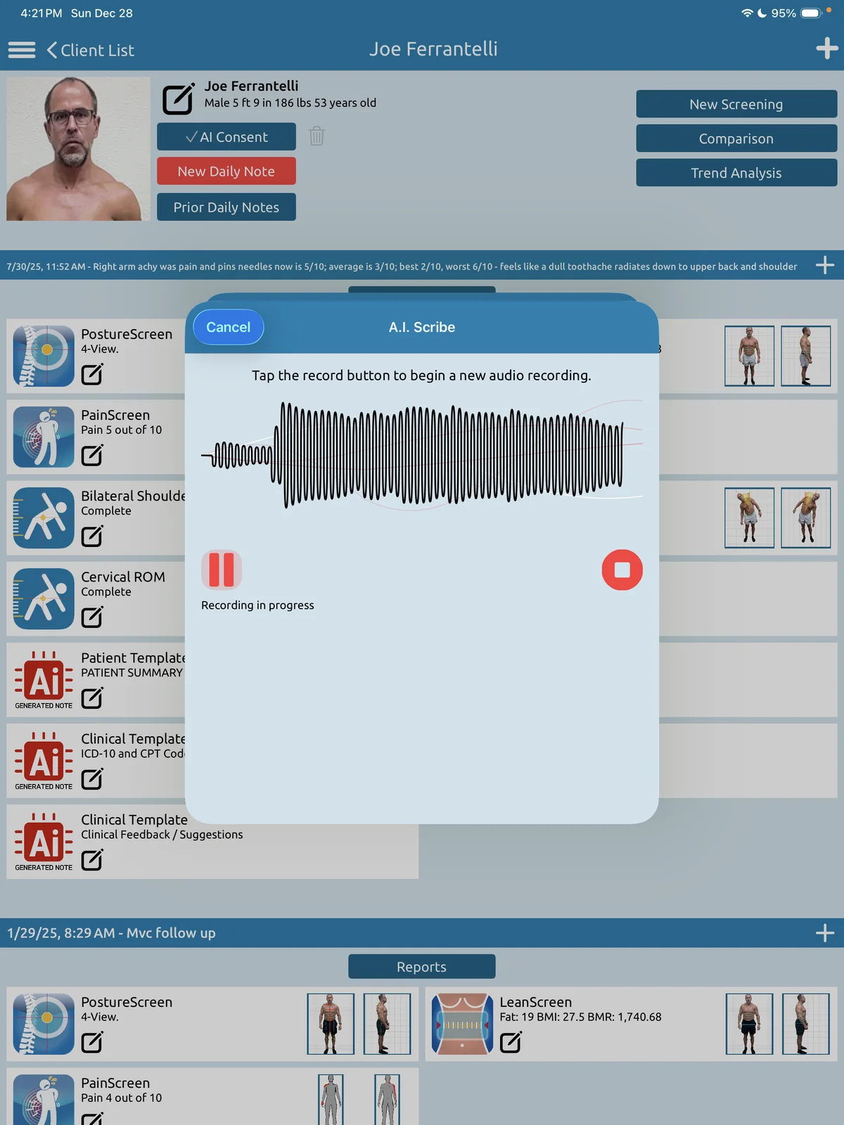 PostureScreen exam list on iPad with the PostureScribe.AI recording sheet open: a live waveform and a red stop button.