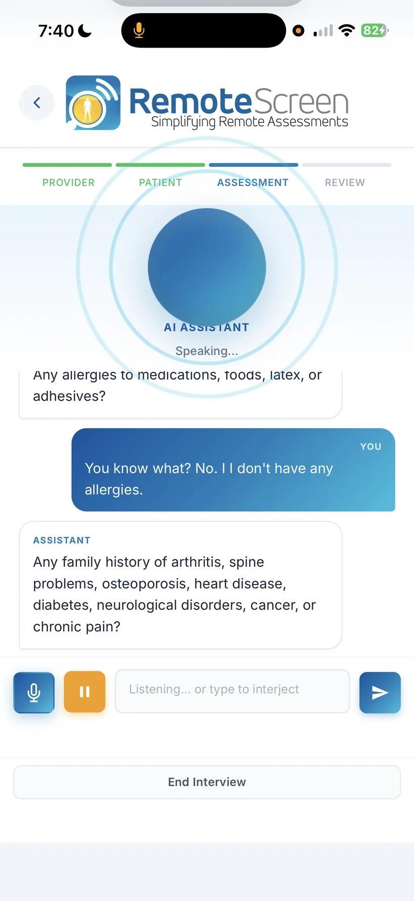 AI-guided intake on iPhone: the assistant asks about allergies and a family history of arthritis, spine problems, osteoporosis, heart disease or diabetes.