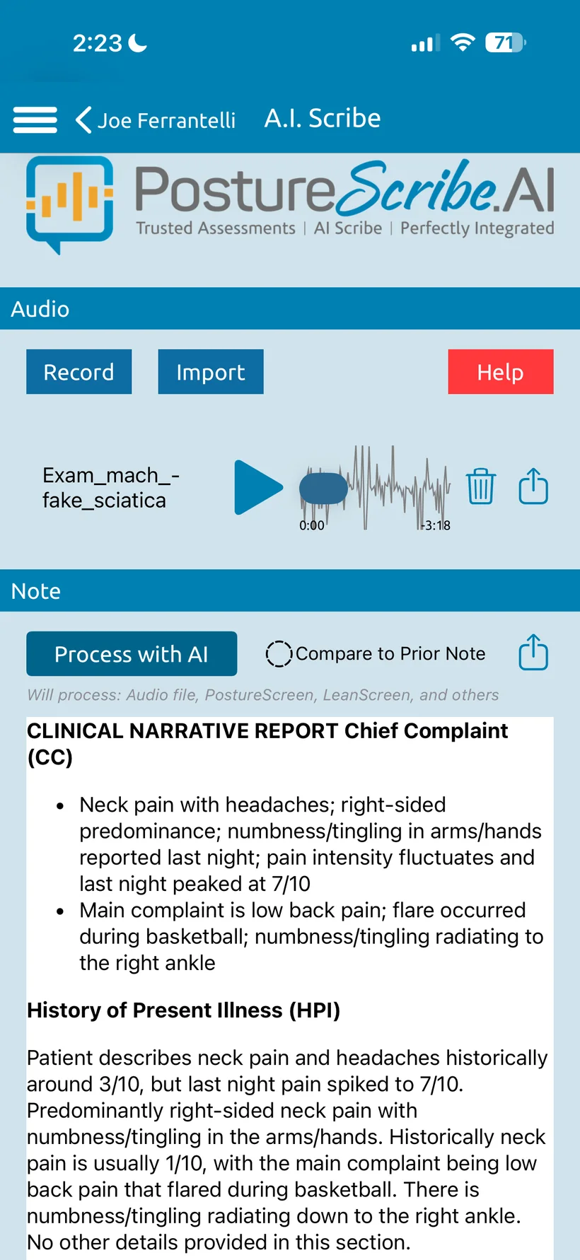 PostureScribe.AI on iPhone: record or import visit audio, then process it with A.I.