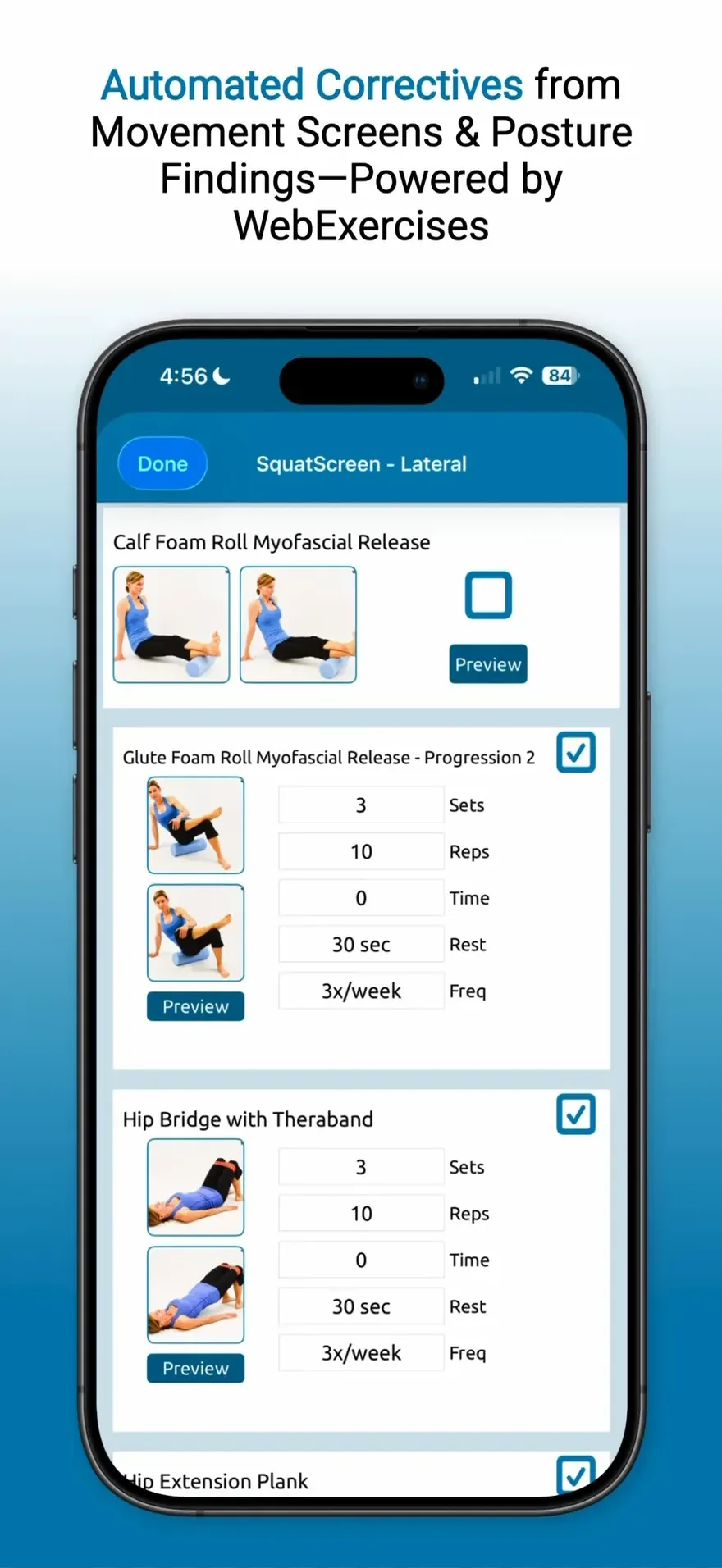 Automated Correctives from Movement Screens & Posture Findings, Powered by WebExercises