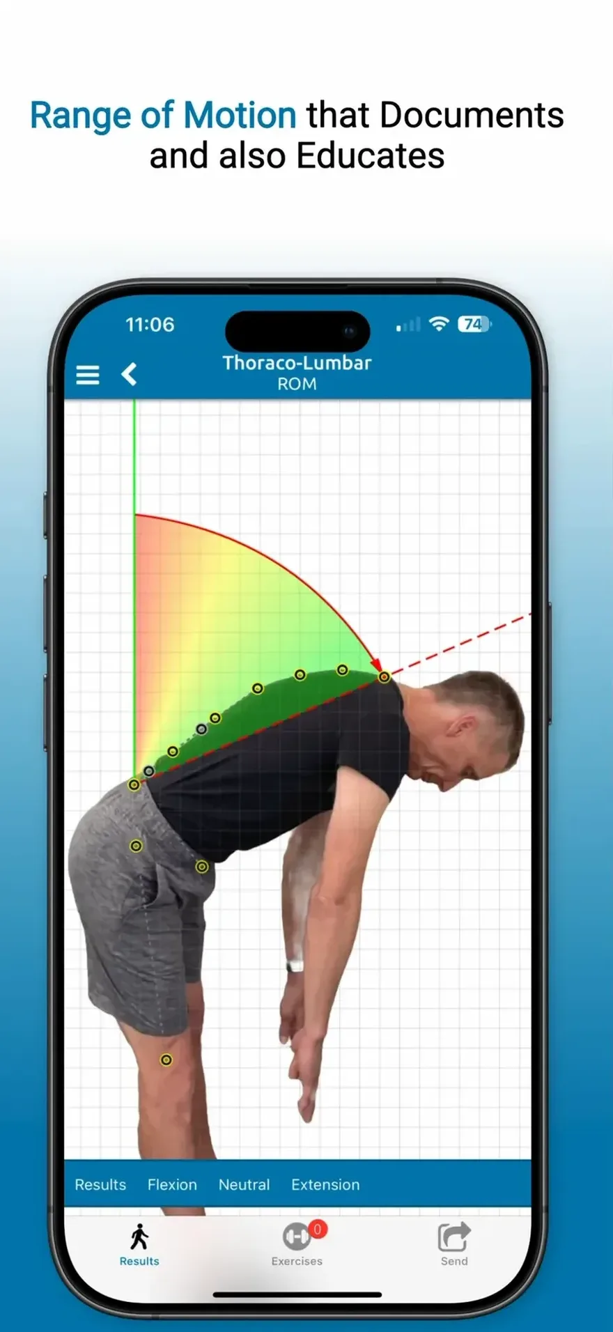 PostureCo’s App Store screenshot, “Range of Motion that Documents and also Educates”, above an iPhone showing thoraco-lumbar flexion: a man bends forward while a green-to-yellow angle wedge measures the bend.