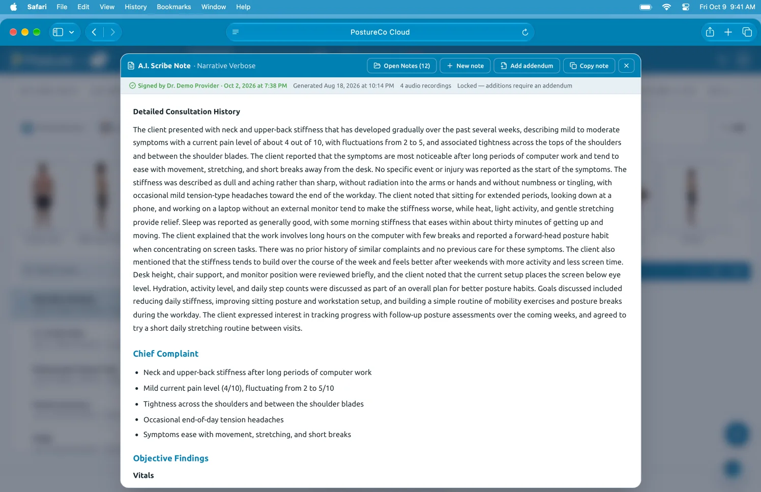 Preview: a signed and locked PostureScribe.AI note for a demo client.