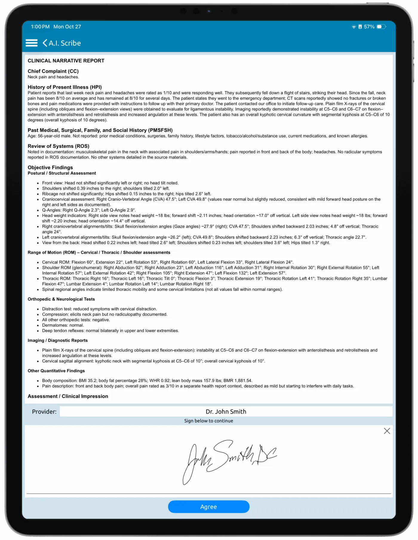 PostureScribe.AI clinical narrative report on iPad, with posture, range of motion and body composition findings, signed by the demo provider Dr. John Smith.