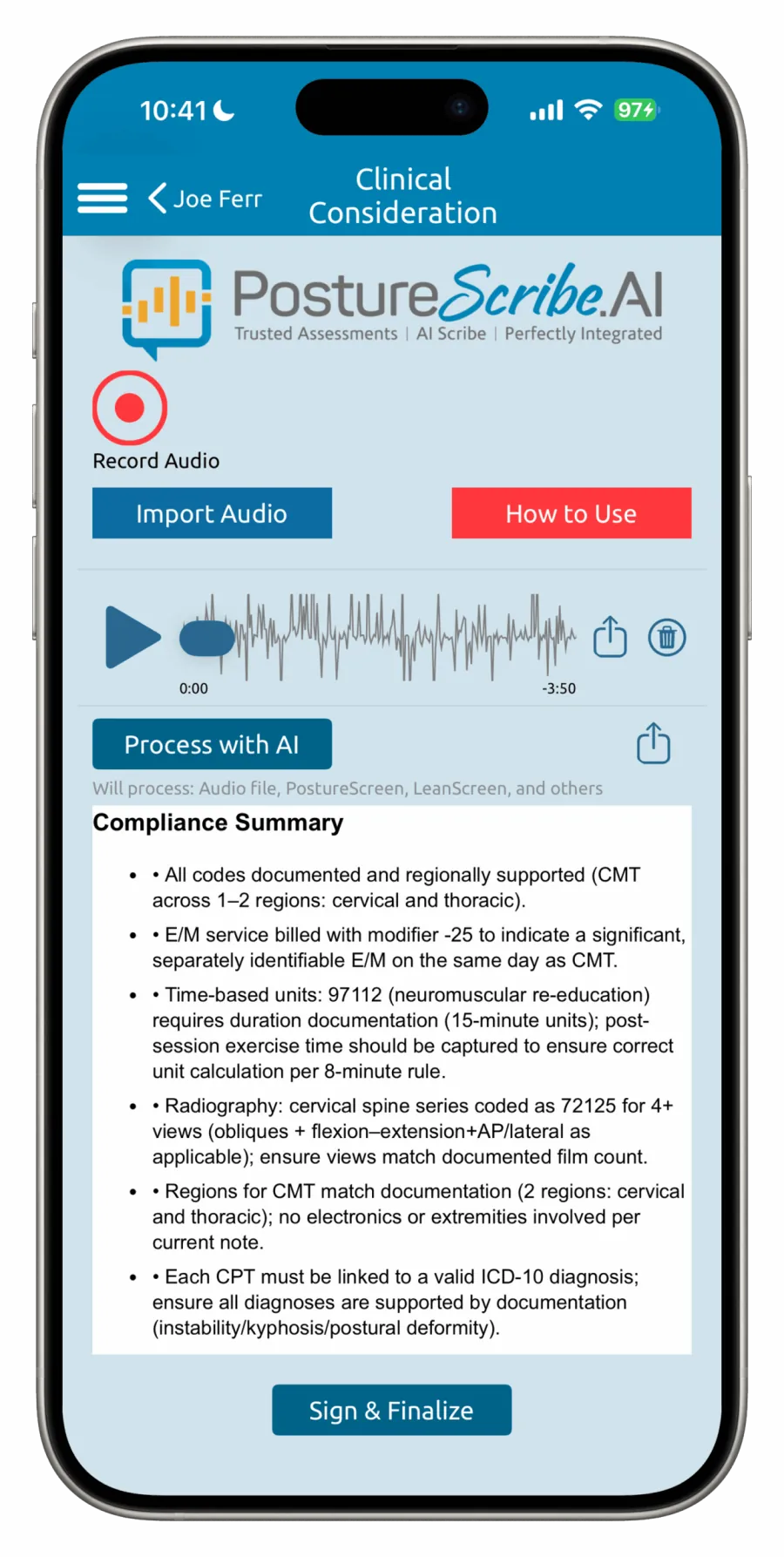 PostureScribe.AI on iPhone: the Clinical Consideration screen with a compliance summary and a Sign and Finalize button.